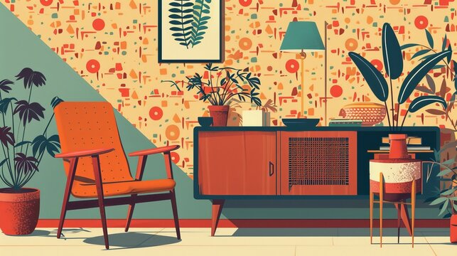An illustration in 2D flat style featuring a character in a room decorated with retro patterns and colors, including bold wallpaper and mid-century furniture. The minimalist approach emphasizes the