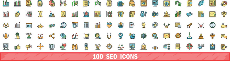 100 seo icons set. Color line set of seo vector icons thin line color flat on white