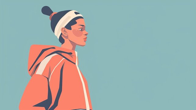 An illustration in 2D flat style showing a character wearing vintage sportswear, such as a tracksuit and headband, typical of the 80s fitness craze. The minimalist design emphasizes the retro fashion