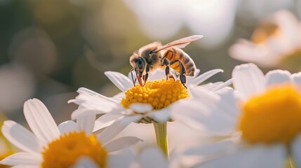A bee perched on a delicate daisy, drinking nectar, the white petals and yellow center creating a charming scene
