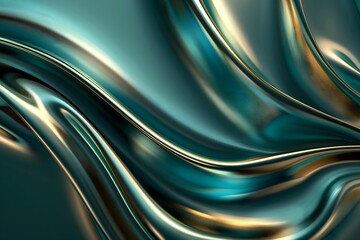 Obraz premium Abstract background, satin liquid metallic sheen, fluid lines, green white and gold colors, smooth, elegant curves, luxurious feel, 3D.