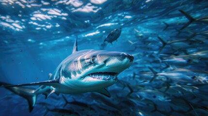 A blue shark with its teeth gleaming, swimming swiftly towards a school of fish in the ocean depths