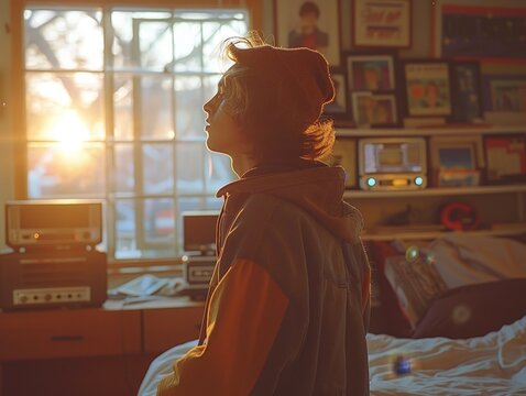 A side view of a person listening to throwback music on a vintage cassette player in a minimalist bedroom. The uncluttered setting emphasizes the simplicity and nostalgic charm of retro technology.
