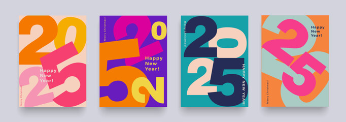 Set Numbers 2025 Year. Happy New Year 2025 and Merry Christmas. Background Figure in the Red, Pink, Orange Color. Abstract Vector Illustration or Advertising, Social Media, Poster, Banner, Cover.
