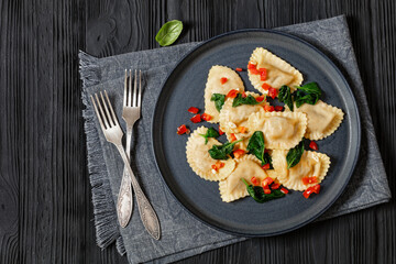 italian pasta mezzelune on a plate, top view