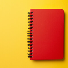 A red notebook placed in the top right corner of a solid yellow background, ready for taking notes.