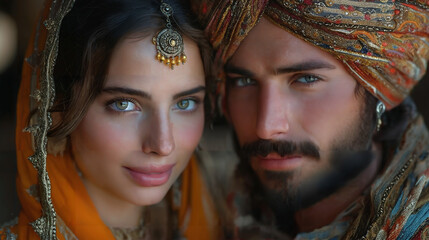 Photo of elegant noblewoman and nobleman. Noble couple costumes. Islamic, Middle Eastern, and Indian characteristics. 