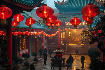 Obraz premium A serene temple courtyard filled with people praying on Chinese New Year’s Eve