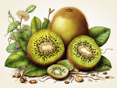 kiwi fruit slices with green leaves clip art preview
