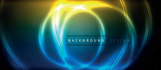 Neon glowing circle rays, light round lines in the dark, planet style neon wave lines. Energetic electric concept design for wallpaper, banner, background