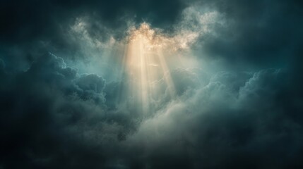 Fototapeta premium An ethereal light beam breaking through the clouds in a minimalist landscape. The light is soft and diffused, casting a gentle glow over the scene. This portrayal evokes feelings of spiritual