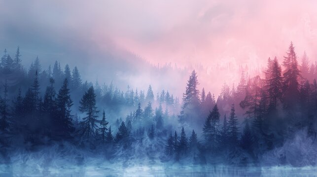 A mystical landscape with gently rolling fog over a quiet forest. The simplicity of the composition, with muted colors and soft lines, creates a dreamlike atmosphere that suggests otherworldly realms