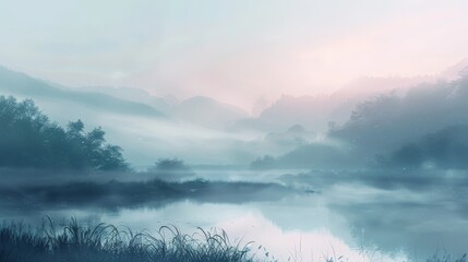 Fototapeta premium An ethereal landscape of a misty valley at dawn, with soft pastel colors and gentle light creating a tranquil and otherworldly scene. This minimalist artwork evokes a sense of spiritual connection