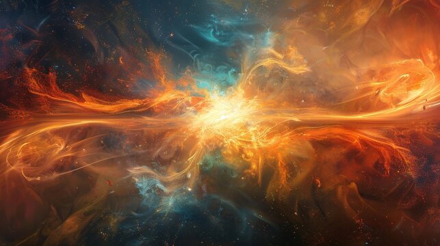 An abstract depiction of cosmic energy, with swirling patterns of light and color radiating from a central point. The minimalist style and dynamic composition convey the powerful and vibrant nature