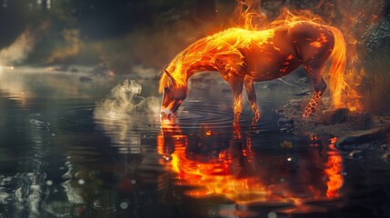 A horse drinking from a river, the water reflecting its fiery form, with steam rising as the flames...