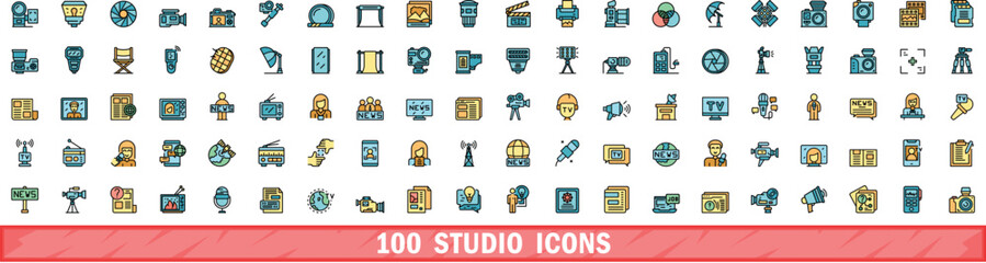 100 studio icons set. Color line set of studio vector icons thin line color flat on white