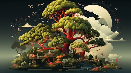 An infographic illustrating the carbon cycle and the role of trees and other vegetation in sequestering carbon dioxide from the atmosphere, helping to mitigate climate change. Painting Illustration
