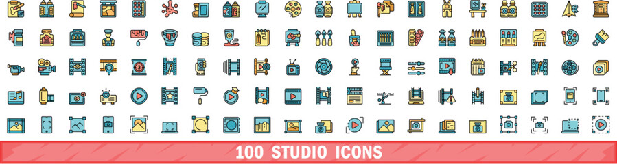 100 studio icons set. Color line set of studio vector icons thin line color flat on white
