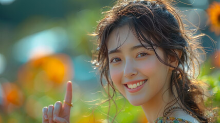 woman pointing while green background, generative ai