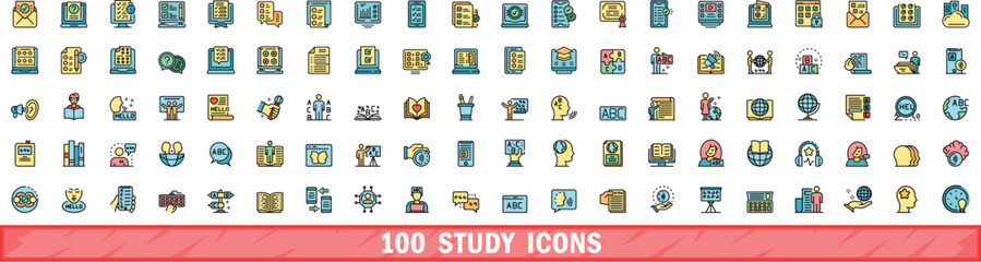 100 study icons set. Color line set of study vector icons thin line color flat on white