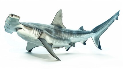 Fototapeta premium A close-up of a hammerhead shark with its unique head shape and streamlined body, sharply defined against a white background