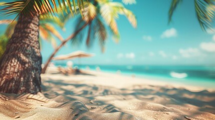 Palm Tree Trunk on Sunny Beach With Blurry Ocean and Sky