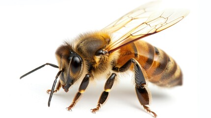 A close-up of a honeybee in sharp detail, with its wings and fuzzy body clearly visible against a white background