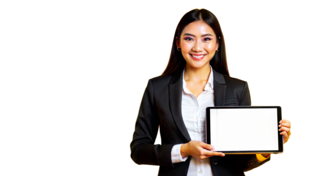 Businesswoman Holding Blank Tablet, A professional studio image of a businesswoman holding a blank tablet screen, ideal for widescreen tech product presentations.

