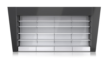 Retail gondola shelving with black toppers and stoppers. 3d illustration on white background © Wire_man