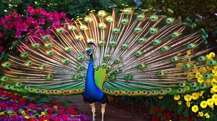 Obraz premium A majestic peacock spreading its vibrant feathers amidst a blooming flower garden, the colors blending harmoniously with the surrounding flowers.