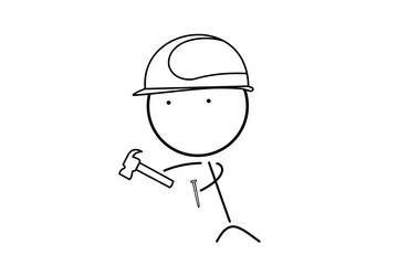 Builder with hammer and nails at construction site
