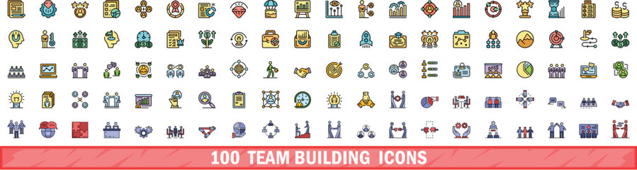 100 team building icons set. Color line set of team building vector icons thin line color flat on white