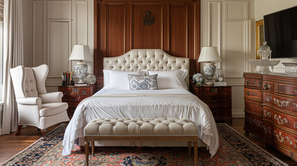 A classic elegant bedroom with a king-size bed with an upholstered headboard, wingback chair