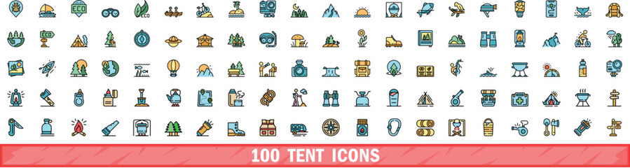 100 tent icons set. Color line set of tent vector icons thin line color flat on white