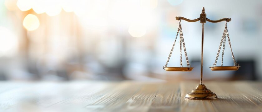 Golden scale of justice on wooden table with blurred background, symbolizing law, equality, and fairness in legal matters.