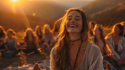 Young woman leading a group in laughter yoga session on a mountaintop at sunrise, embracing the healing power of laughter and nature.