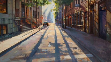 Fototapeta premium A quiet early morning street in New York, with the first rays of sun casting long shadows, beautifully rendered in oil on canvas.