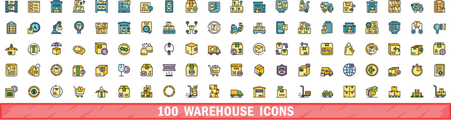 100 warehouse icons set. Color line set of warehouse vector icons thin line color flat on white