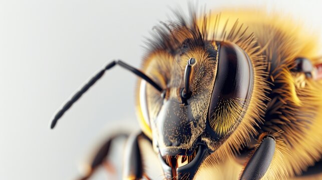 A detailed image of a bee resting, highlighting its compound eyes and hairy body against a white background