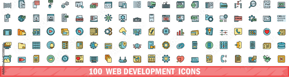 Poster 100 web development icons set. color line set of web development vector icons thin line color flat o