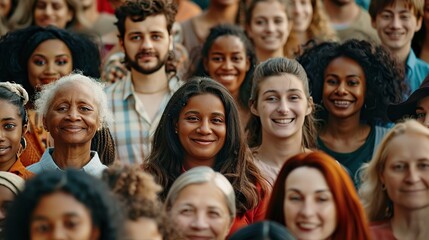 Obraz premium Diverse group of people smile and look at the camera, symbolizing unity in diversity.