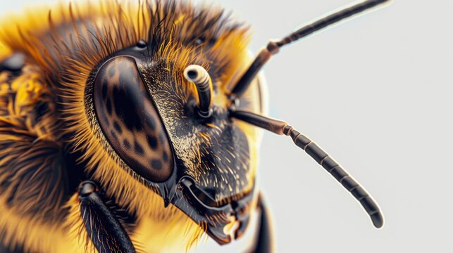 A detailed image of a bee resting, highlighting its compound eyes and hairy body against a white background