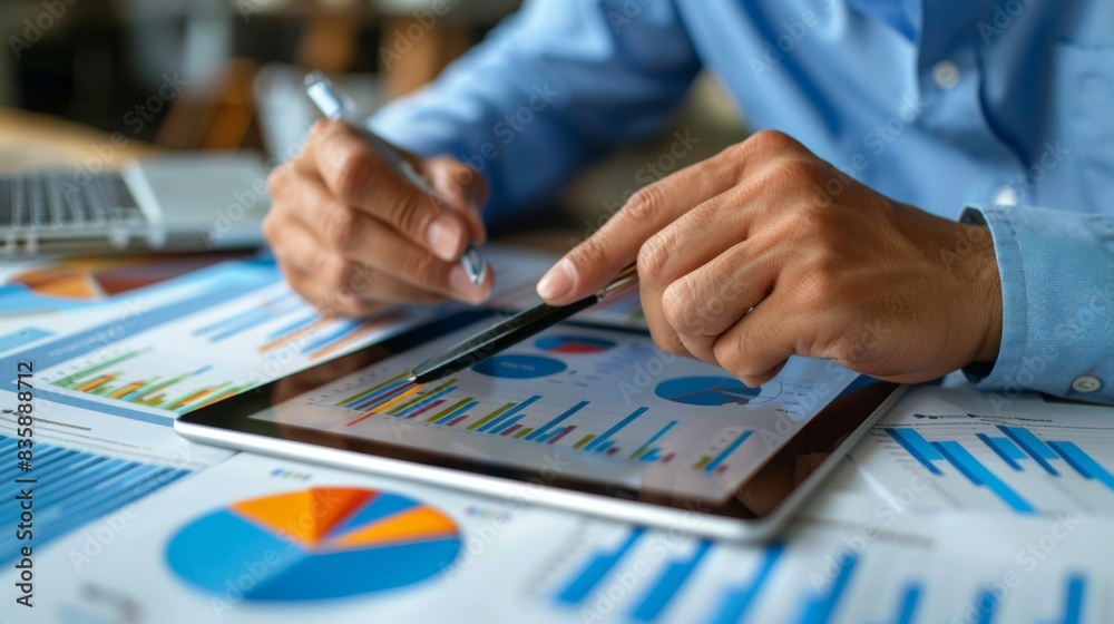 Poster a business analyst reviewing financial reports and business graphs on a tablet, evaluating company p