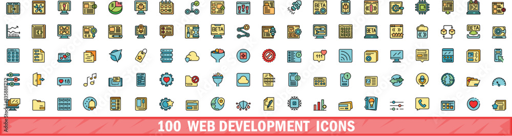 Poster 100 web development icons set. color line set of web development vector icons thin line color flat o - Posters