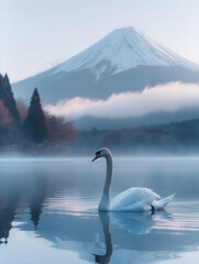 Swan Gliding on Water with Mountain Backdrop Amid Early Morning Mist