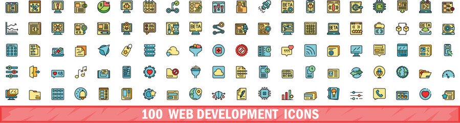 100 web development icons set. Color line set of web development vector icons thin line color flat on white