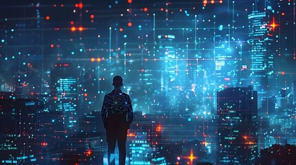 A futuristic landscape where digital technologies such as AI, blockchain, and IoT converge, powering innovative solutions that reshape industries and redefine business models