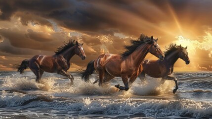 Three majestic horses galloping through the surf of an ocean beach