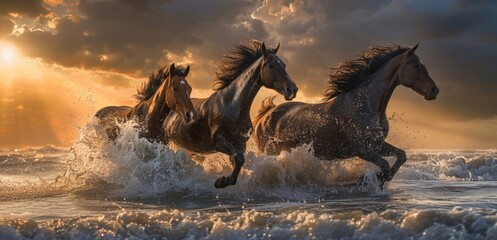 Three majestic horses galloping through the surf of an ocean beach