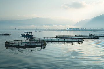 Fototapeta premium fish breeding, creation of a harmonious scene of modern aquaculture and methods of sustainable agriculture 